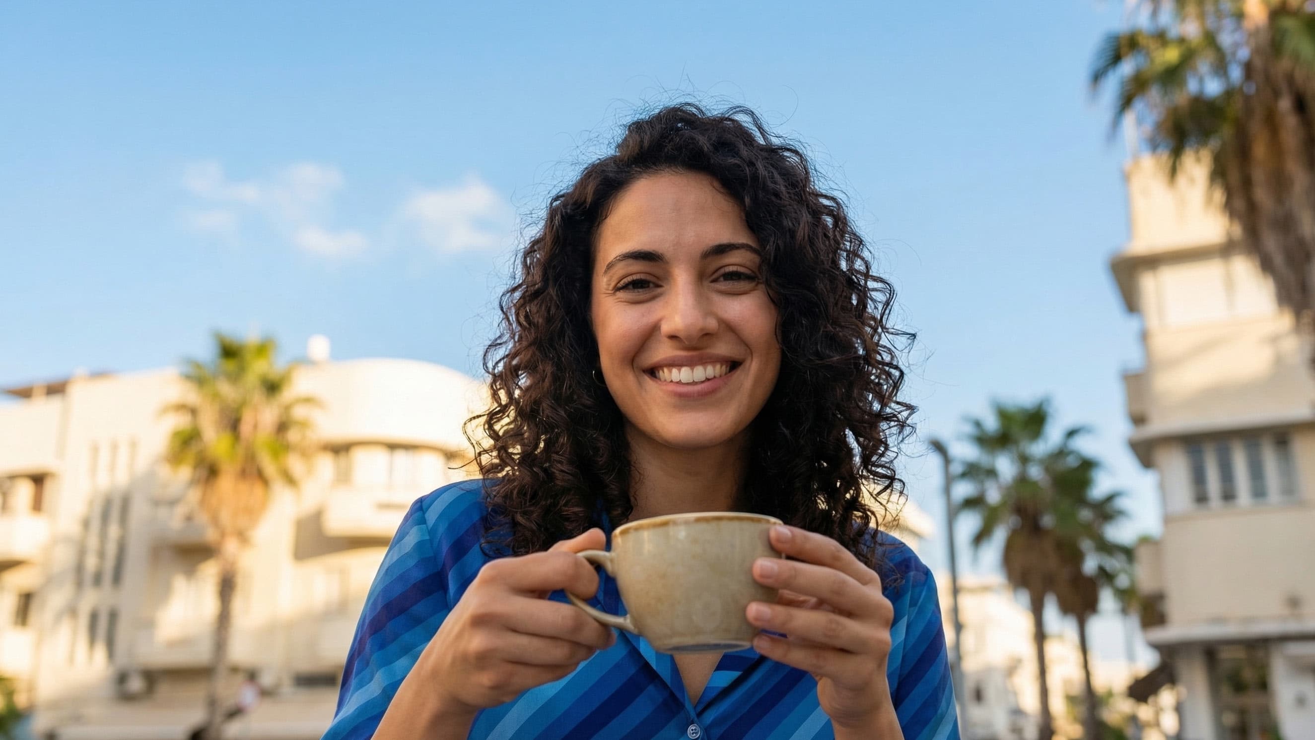 A member of the HOME community on a Tel Aviv balcony – wearing the brand stripe